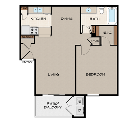 Floor plan for 1 bed, 1 bath, 635 sqft